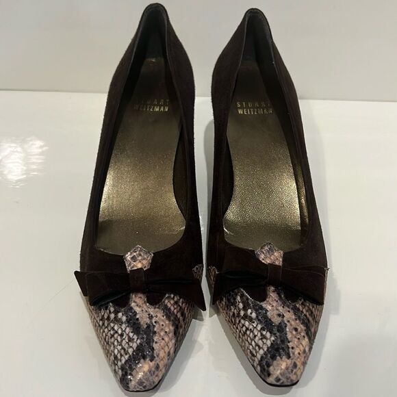 Stuart Weitzman Brown Suede/Embossed Leather Toe and Kitten Heel Shoes Size 7 - Picture 2 of 15